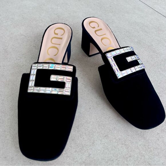 Gucci Madelyn Velvet Crystal Square G Mules Black Block Mid Heel EU 37.5 US 7.5 - Picture 1 of 11